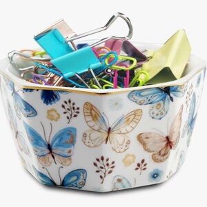 Ceramic paper clip or pin holder with butterflies and gold trim NWT